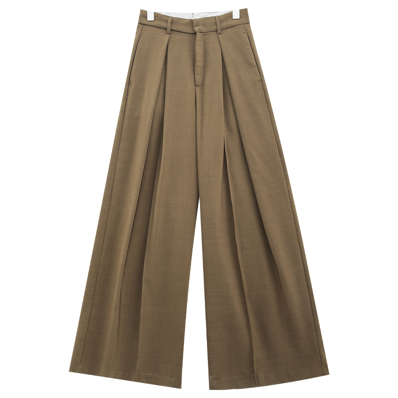 Coffee Color Wide-Leg Suit Pants for Women - 2024 Autumn Winter Casual Straight Loose Draped Style