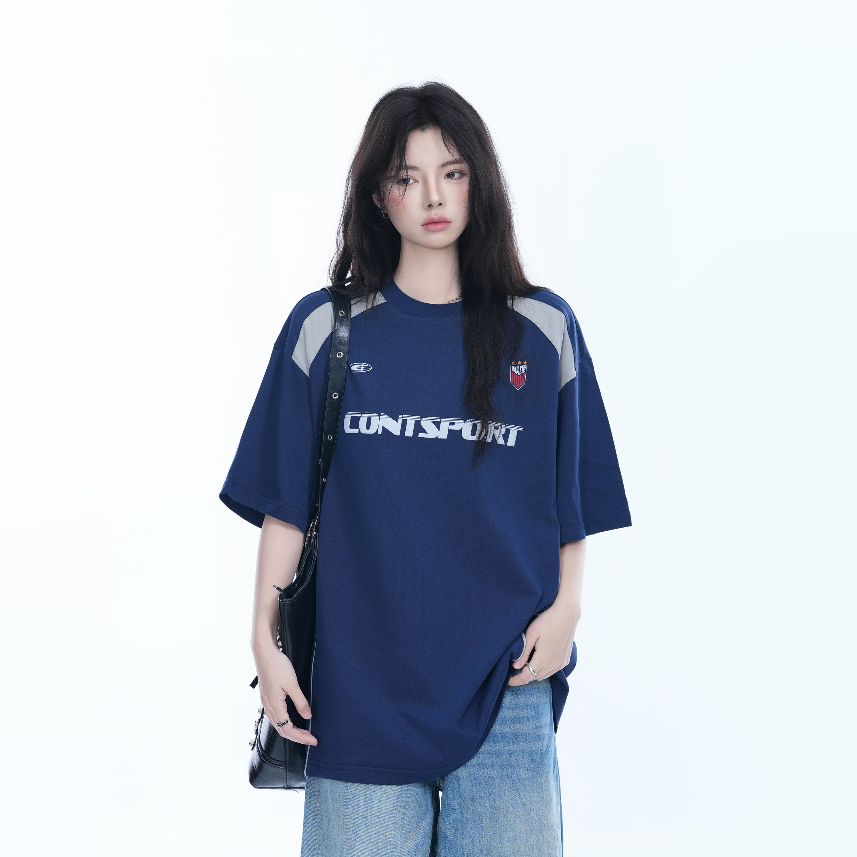Color-Block Oversized Short Sleeve T-Shirt for Women - Casual Summer Style, American Trend, Loose Fit, Y2K Inspired