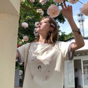 Color Block Printed Short Sleeve T-Shirt for Women - Vintage Wisteria Breeze, Loose Fit, Summer Cotton Top, Casual 90s Style