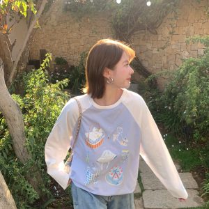Color-Block Pure Cotton Long Sleeve T-Shirt for Women, Loose Fit Raglan Sleeve Round Neck Top - Vintage Spring Autumn Style