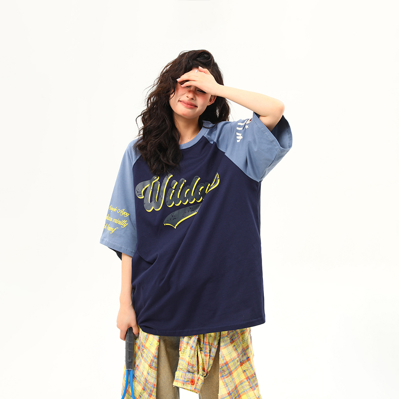 Color Block Raglan Sleeve Short Sleeve T-Shirt for Men and Women - Vintage American Style Loose Fit Couple Top