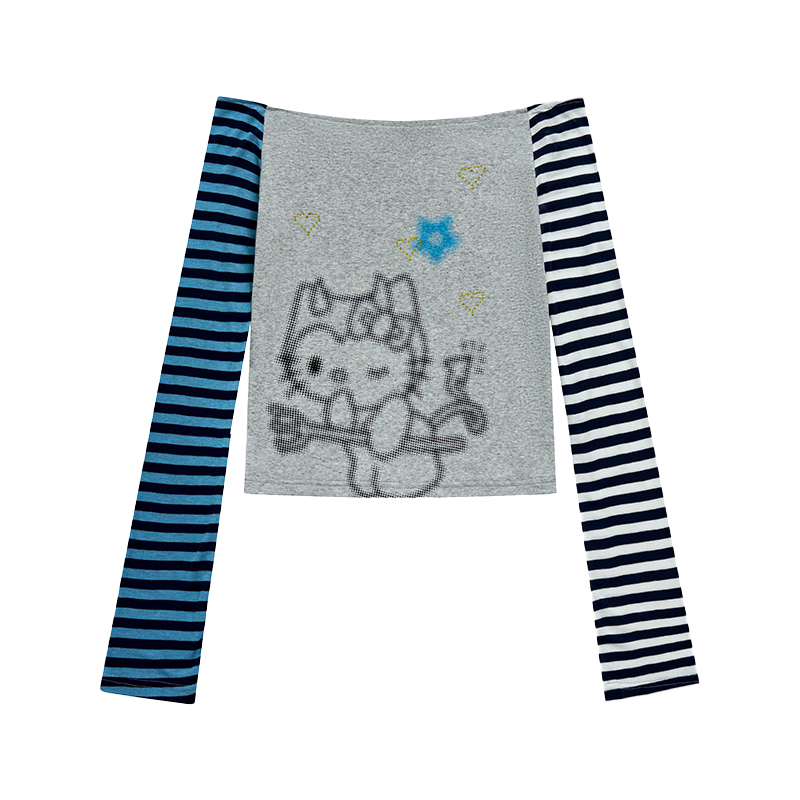 Color-Block Striped Long Sleeve Top with One-Word Collar - Lightweight Summer Fashion for Cool Girls