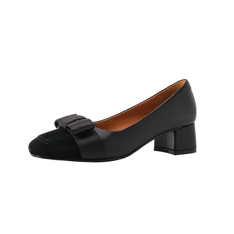 Color-Blocked High Heels for Women - Vintage Mid-Heel with Chunky Heel and Bowknot - Spring Autumn Style