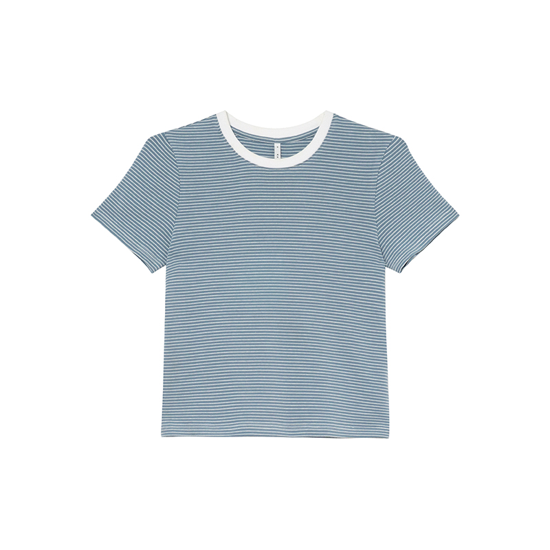 Color-Blocked Round Neck Striped T-Shirt for Women - Summer Casual Short Sleeve Top, Elegant Pure Cotton Blouse, Age-Reducing Style