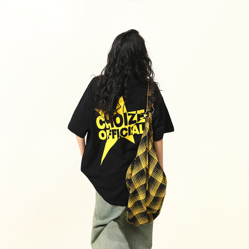 Color-Blocking American Street Star Print Short-Sleeve T-Shirt for Men and Women - Trendy Loose Fit Couple Top