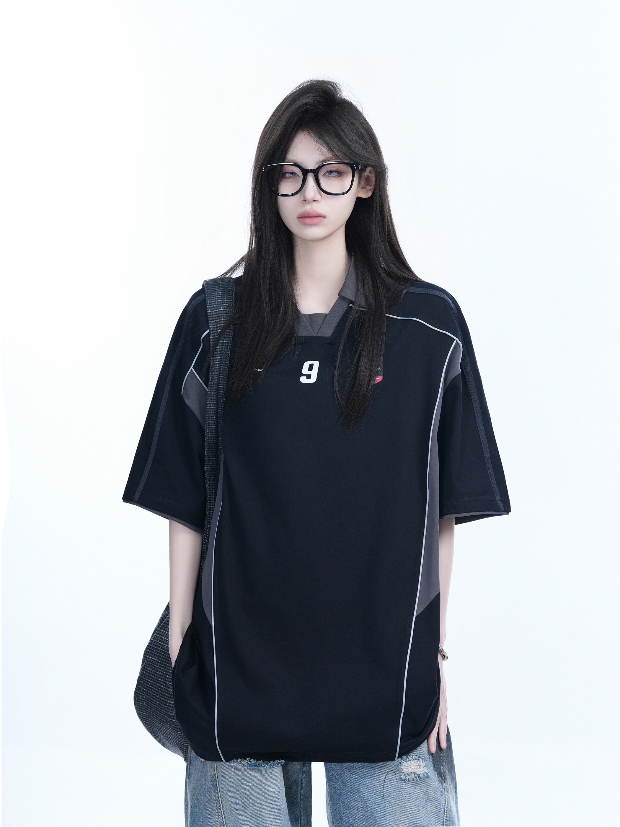 Color-Blocking Oversized Short-Sleeve T-Shirt for Women - Retro American Style, Summer Loose Fit, Trendy Mountain Graphic Design