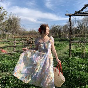 Colorful Floral Butterfly Short Sleeve Dress – Women's Summer Puff Sleeve A-Line Vintage Style Oil Painting Dress