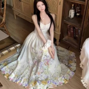 Colorful Rainbow Handmade Tailored Heavy Print Strap Dress with Waist-Cinching Slimming Long Skirt - Boho Style, Summer Fashion