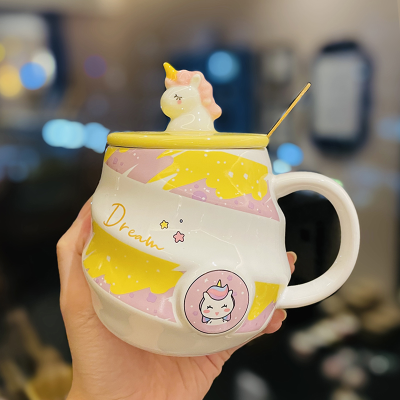 Colorful Rainbow Unicorn Ceramic Mug with Lid and Spoon, Cute Girly Water Cup for Office or Home Coffee
