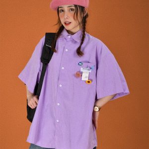 Colorful Versatile Short Sleeve Shirt for Couples - Loose Fit Candy Color Half Sleeve Top - Trendy Casual Streetwear