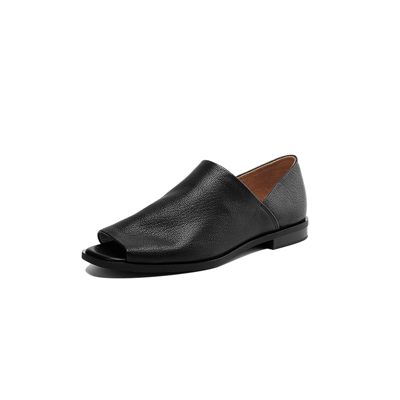 Comfortable Black Peep-Toe Flat Sandals for Women - Soft Sole Casual Summer Shoes 2025, Trendy Sheepskin Design
