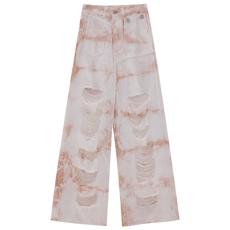 Coral Reef Dream Pink Tie-Dye Ripped Jeans for Women - Summer Straight Wide-Leg Pants in 90s Y2K Style