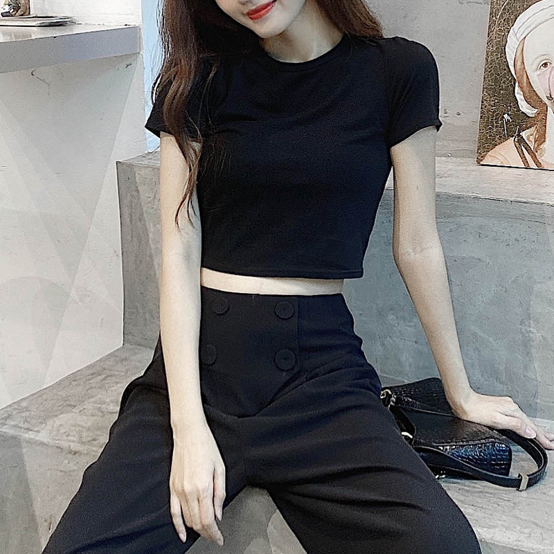 Cropped Pure Cotton Short Sleeve T-Shirt for Women, Slim Fit, Solid Color Round Neck Top - Versatile Summer 2025 Essential