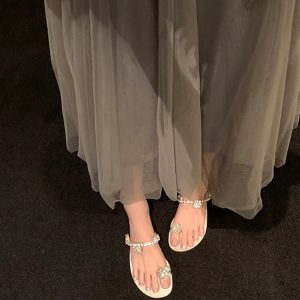 Crystal Flower Buckle Wedge Open-Toe Flat Slippers for Women - Summer Fairy Style Outdoor Footwear for Skirts