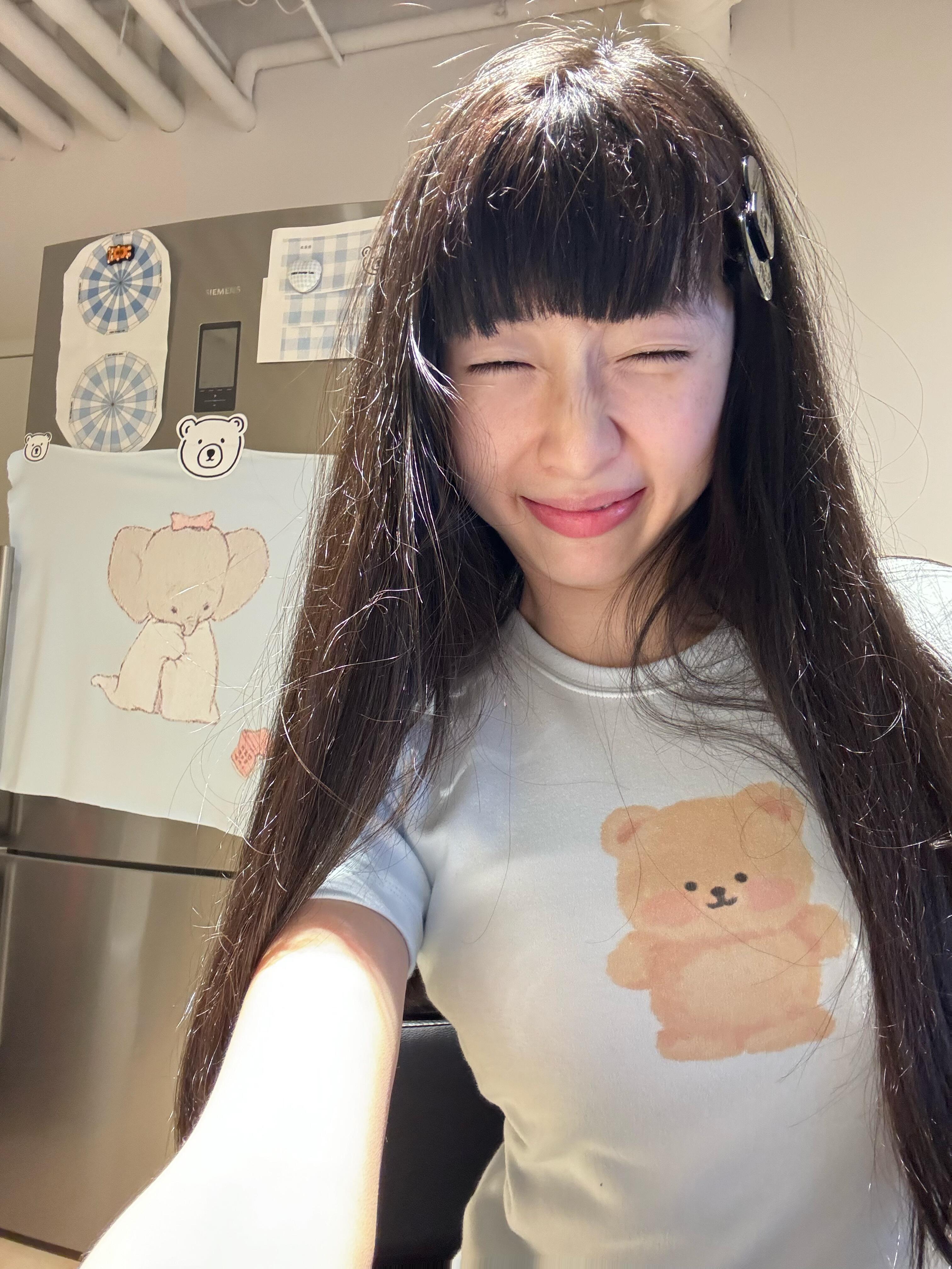 Cute Bear Print Short Fitted Slim Pure Cotton High-Stretch Short Sleeve T-Shirt - 25SS Korean Style Fashion