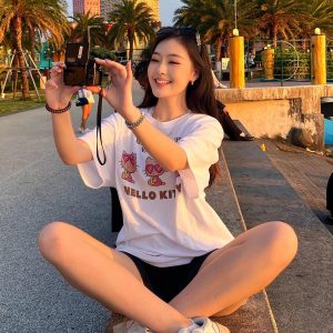 Cute Cartoon Kitty Print Summer Loose Short-Sleeve T-Shirt - Korean Style Casual Cotton Top for Comfort and Versatility