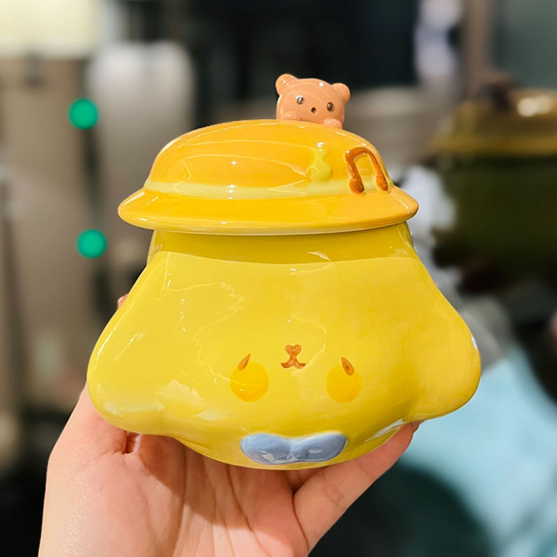 Cute Fufu Dog Ceramic Mug with Lid and Spoon - Influencer-Style Couple Water Cup for Breakfast or Coffee with Straw