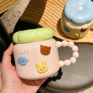 Cute Girl Heart Spiral Lid Mug - Ceramic Water Cup with Lid and Spoon, Perfect for Breakfast, Ideal Gift for Girls