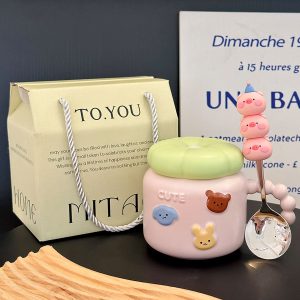 Cute Girl Heart Spiral Lid Mug - Ceramic Water Cup with Lid and Spoon, Perfect for Breakfast, Ideal Gift for Girls