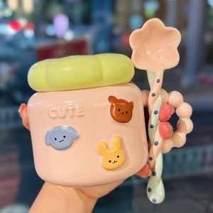 Cute Girl Heart Spiral Lid Mug - Ceramic Water Cup with Lid and Spoon, Perfect for Breakfast, Ideal Gift for Girls
