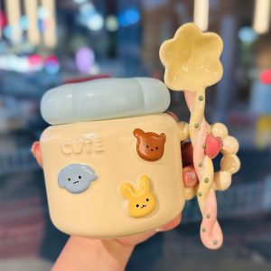 Cute Girl Heart Spiral Lid Mug - Ceramic Water Cup with Lid and Spoon, Perfect for Breakfast, Ideal Gift for Girls