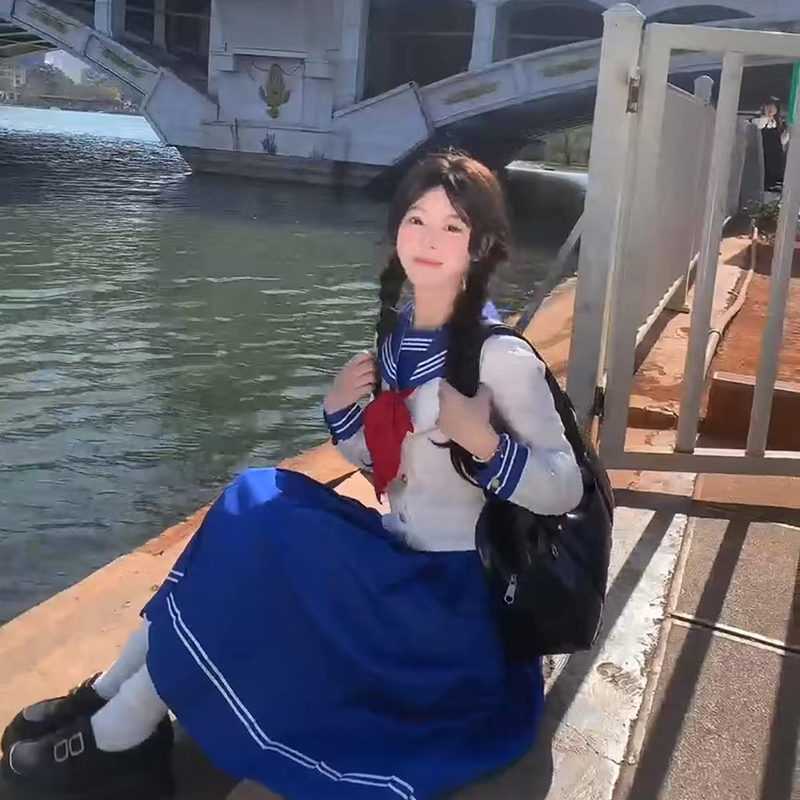 Dark Blue Sailor Suit Set - Japanese JK Uniform with Pudding Bear Design, College Style Long Skirt, Summer Fashion
