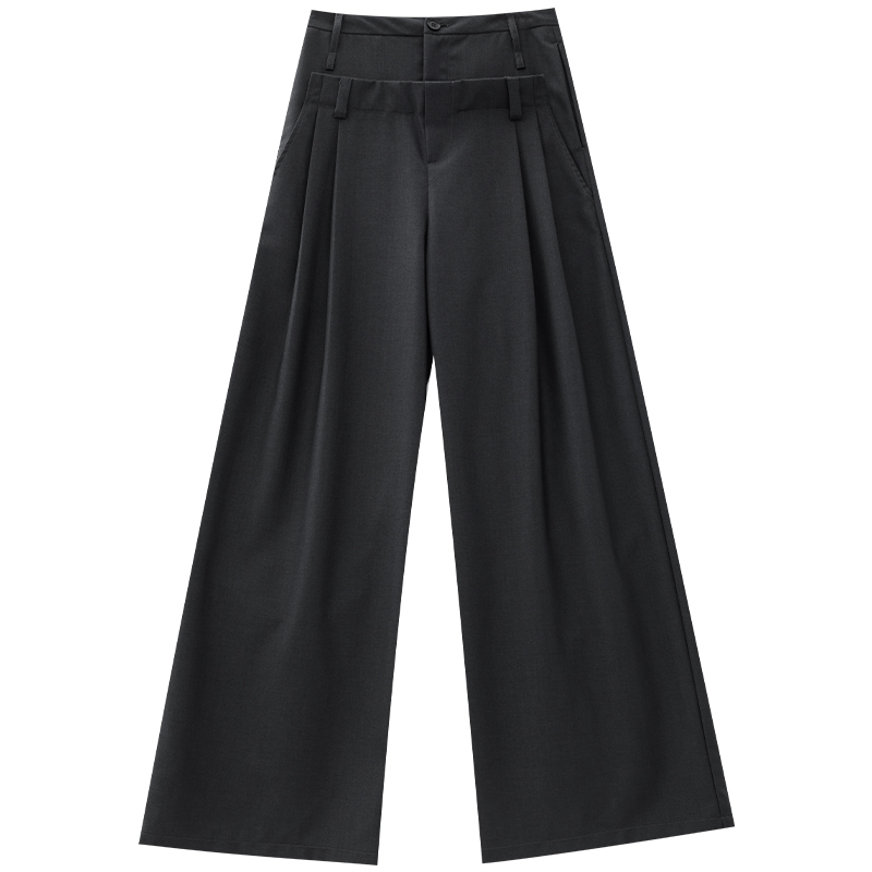 Dark Gray Double-Waist Suit Pants for Women - Pleated Wide-Leg Casual Trousers, Trendy Fashion Editor Style, Chic Office Wear