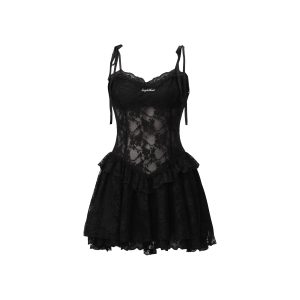 Dark Night Lace Sheer Little Black Dress with Forbidden Rose Design - Sweet & Spicy Style, Perfect for Night Out or 90s Inspired Looks