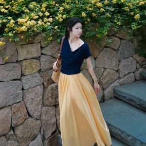 Deep Blue Off-Shoulder Modal Short-Sleeve T-Shirt - Flattering Fit, Thin & Stretchy, Versatile Summer Top for 2025