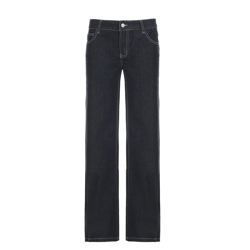 Deep Blue Vintage Wide-Leg Jeans for Women - Loose Casual Embroidered Pants - Y2K Straight-Leg Draped Style