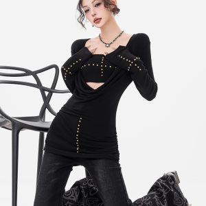 Deep V-Neck Knitted Sweater Two-Piece Set - Sun, Moon, Stars Design, Spicy Girl Style for Women, 2025 Early Spring Fashion