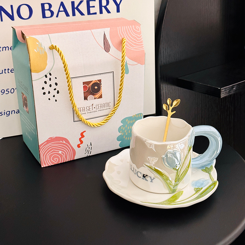 Delicate Pearl Glaze Tulip Ceramic Cup and Saucer Set - Elegant Coffee Gift for Girls, Luxurious Birthday Present
