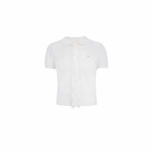 Doll Collar Knitted Ruffled Short Sleeve Top with Sweet Puff Sleeves - Cute Y2K Style T-shirt for Effortless Fashion