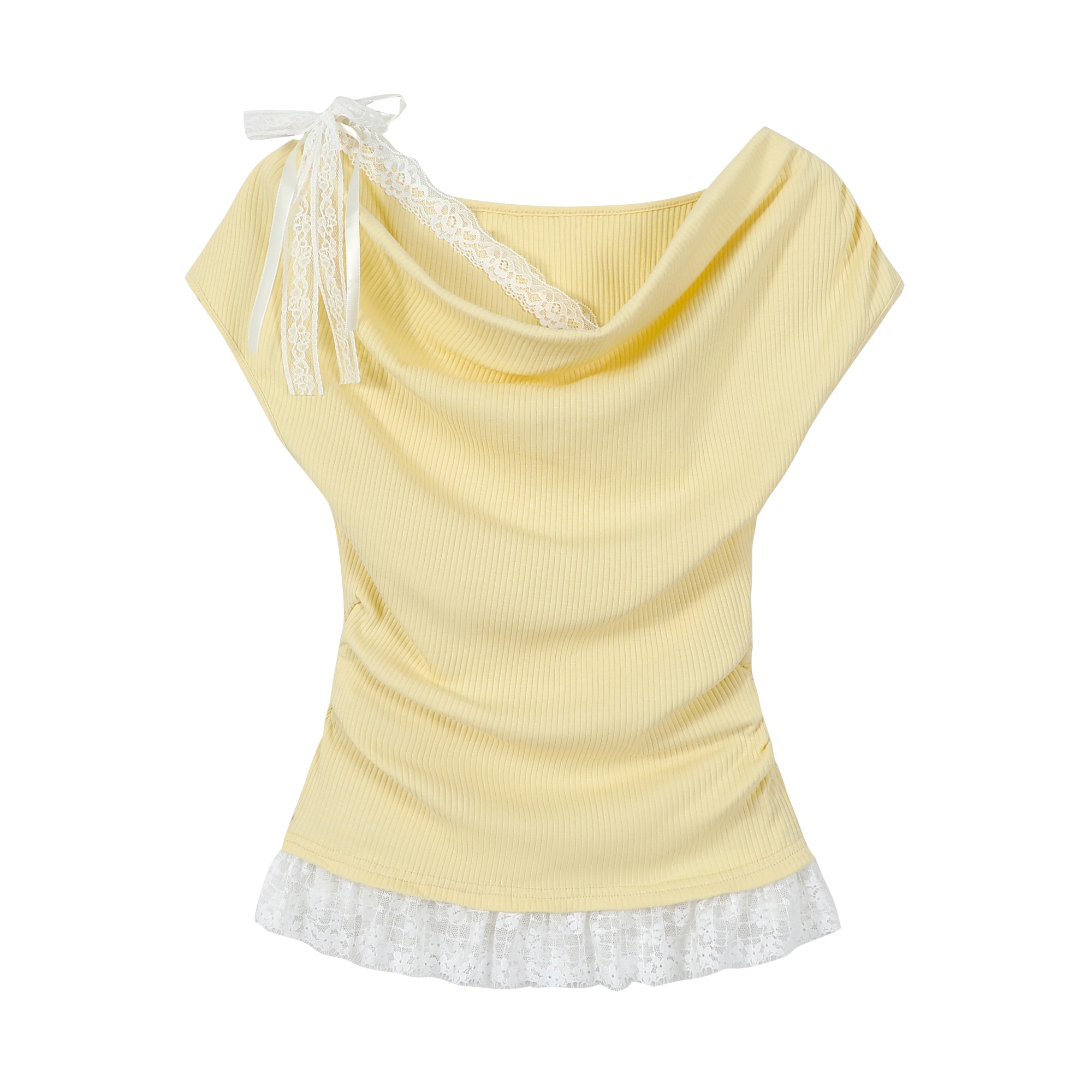 Dopamine Yellow Ruffled Short Sleeve T-Shirt for Women, Lace Trim Fake Two-Piece Top, Summer 90s Y2K Style