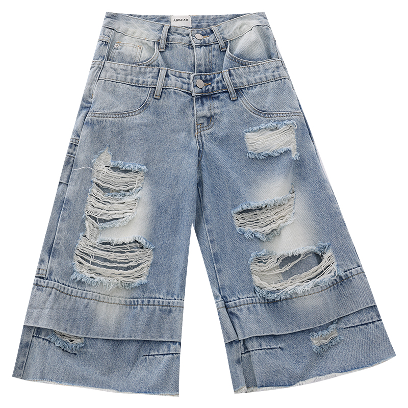 Double Waist Hole Washed Denim Shorts for Women - Loose Wide-Leg 90s Style Casual Summer Shorts