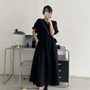 Elegant Black Button Dress for Women - Spring Summer Waist-Cinching Split Short Sleeve T-Shirt Style, Casual Grapefruit Design