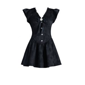 Elegant French Style Little Black Dress with V-Neck and Small Flare Sleeves - Evening Wear Princess Dress for Sophisticated Looks