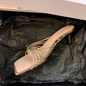 Elegant Sheepskin French Square-Toe High-Heeled Sandals for Women - Thin-Heeled Open-Toe Roman Style for Outdoor Wear