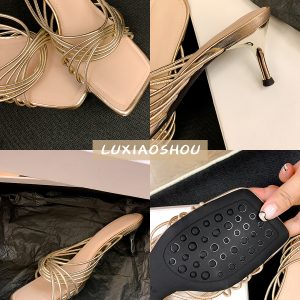 Elegant Sheepskin French Square-Toe High-Heeled Sandals for Women - Thin-Heeled Open-Toe Roman Style for Outdoor Wear