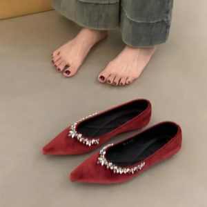 Elegant Sheepskin Pointed Toe Rhinestone Flat Shoes for Women, Slip-On French Style Evening Footwear, Wedding and Party Shoes