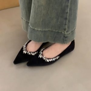 Elegant Sheepskin Pointed Toe Rhinestone Flat Shoes for Women, Slip-On French Style Evening Footwear, Wedding and Party Shoes