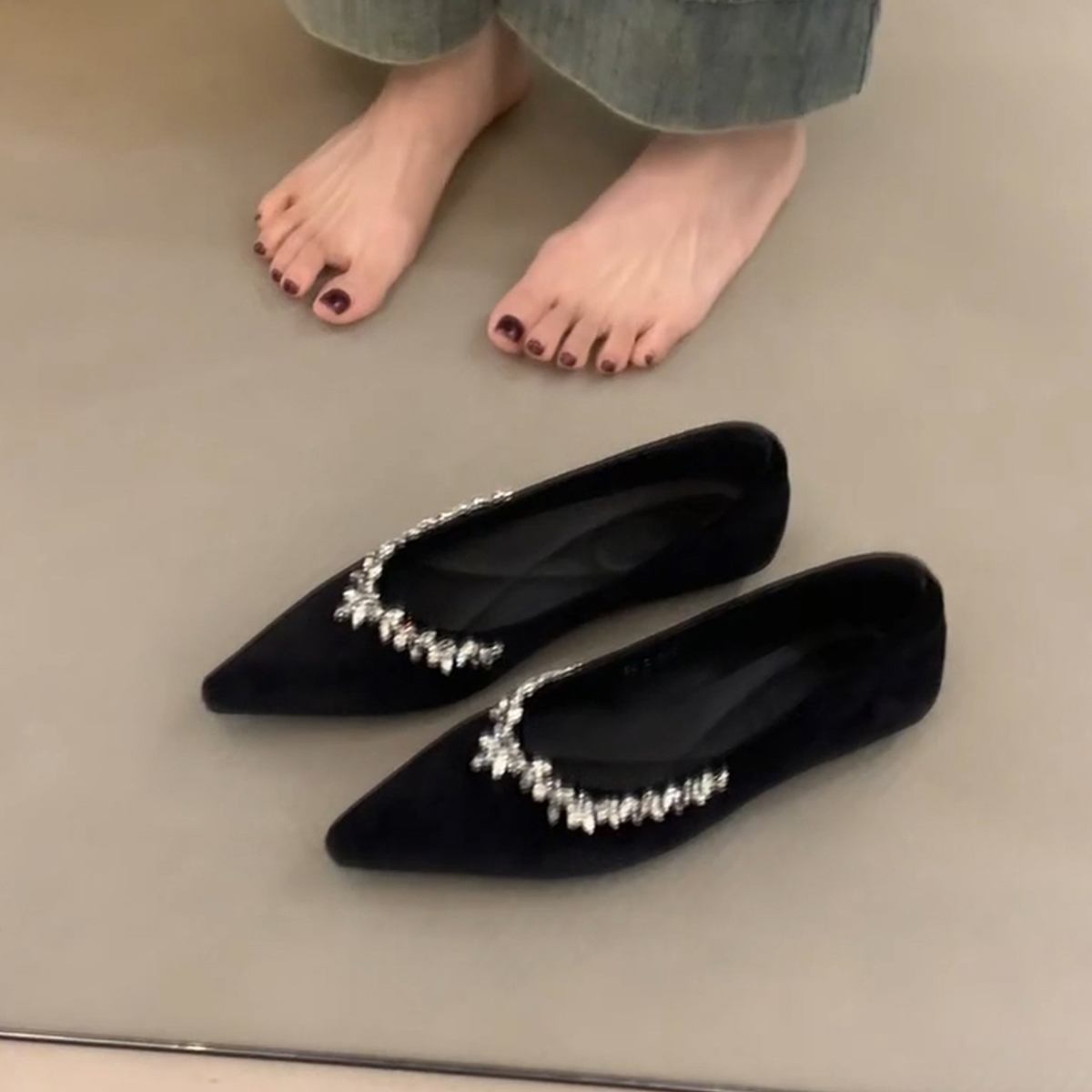 Elegant Sheepskin Pointed Toe Rhinestone Flat Shoes for Women, Slip-On French Style Evening Footwear, Wedding and Party Shoes