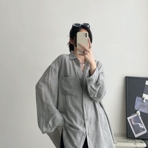 Elegant Women's Long Sleeve Tie-Dye Shirt in Sun Grapefruit with Lapel, Casual Loose Fit, Summer Sun-Protective Style