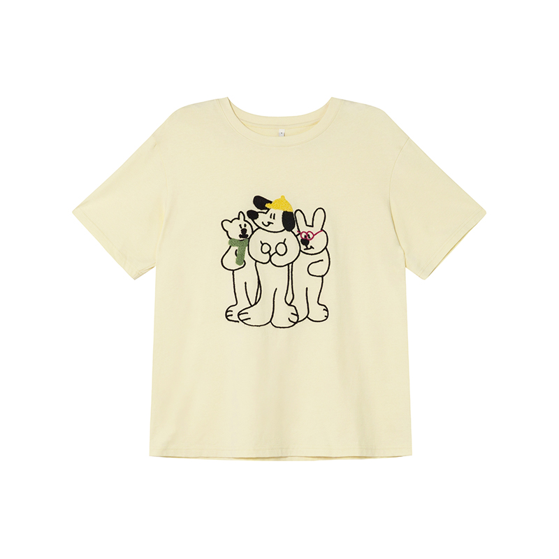 Embroidered Cartoon T-Shirt for Women, Short Sleeve Loose Slim Fit Top, 2025 Style, Cute Casual Wear for Petite Sizes