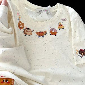 Embroidered Dessert Peach Cotton Short Sleeve T-Shirt for Women - Unique Cartoon Shoulder Top, Summer 2025 Fashion