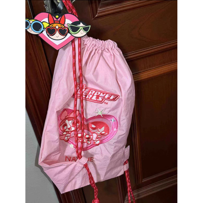 Embroidered Drawstring Backpack - Flying Girl Powerpuff Girls Naixue Style, Large Capacity, Trendy Commuter Bag, 2025 Fashion
