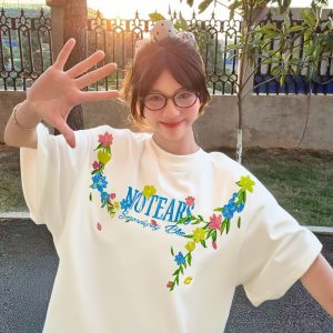 Embroidered Floral Heavyweight Short-Sleeve T-Shirt for Women - Summer 2025 Trendy Couple's Top, Y2K Style