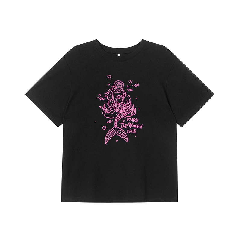 Embroidered Mermaid Print Short-Sleeve T-Shirt for Women - Summer Loose Top, Age-Reducing, Niche Style, 90s Inspired Fashion