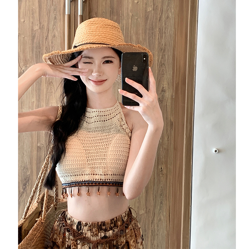 Exotic Floor-Length Printed Wide-Leg Pants Skirt with Beaded Camisole for French Style Seaside Vacation