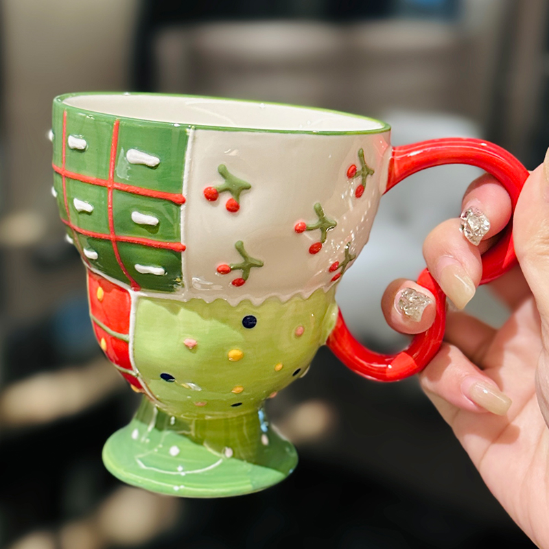 Exquisite Underglaze Ceramic Water Cup for Girls - Cute High-Footed Wide-Mouth Breakfast Coffee Mug